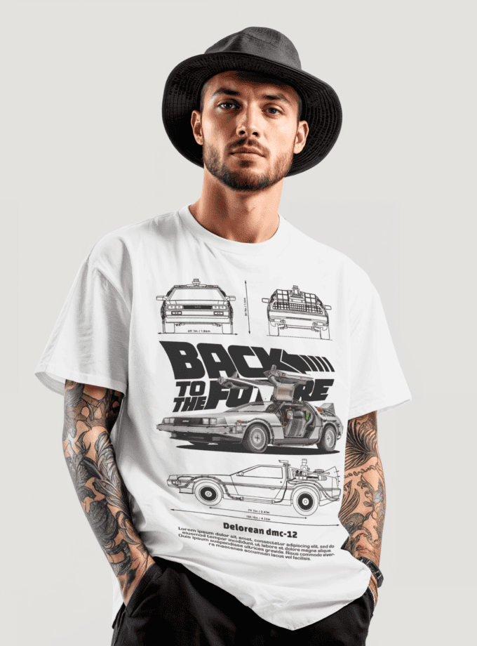 DeLorean Oversized Terry T-Shirt | Retro Car Graphic Tee for Men